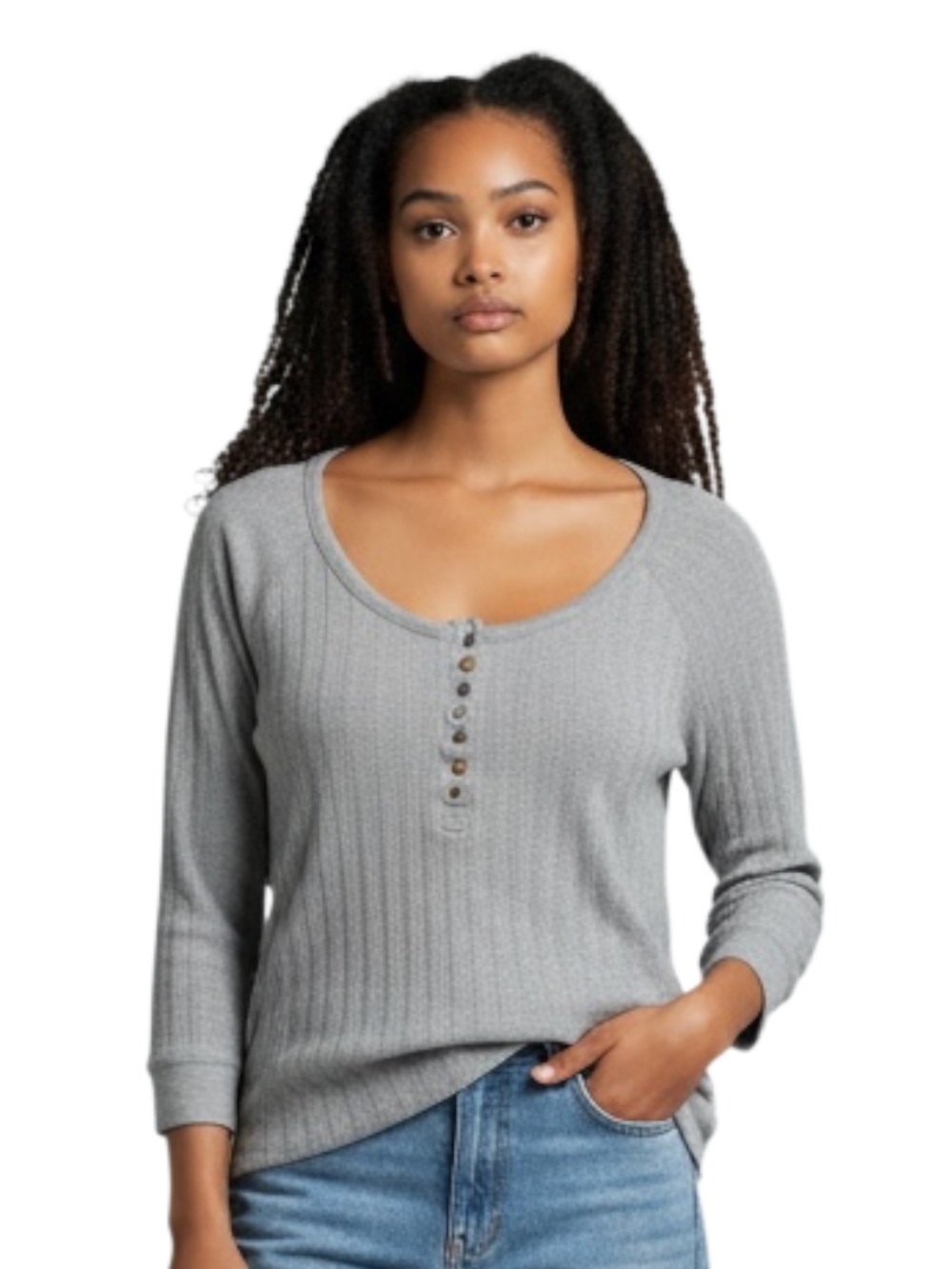 Faded Glory Gray Ribbed Scoop-Neck Henley Long Sleeve Top